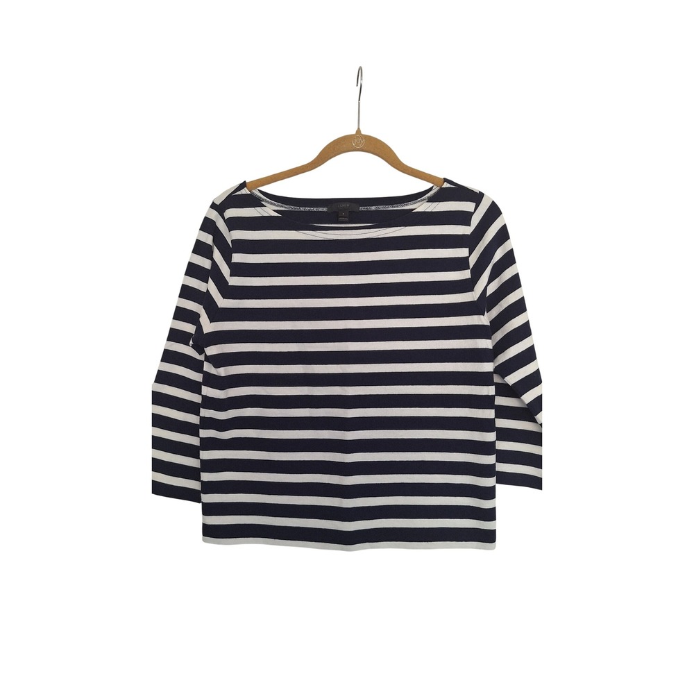 JCrew Womens Navy Blue White Striped Boatneck 3/4 Sleeve Cotton Tee Top Small